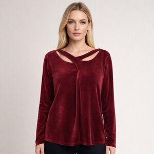 Tru Luxe Jeans Shirt Womens XL Burgundy Velvet Crisscross Neck Long Sleeve